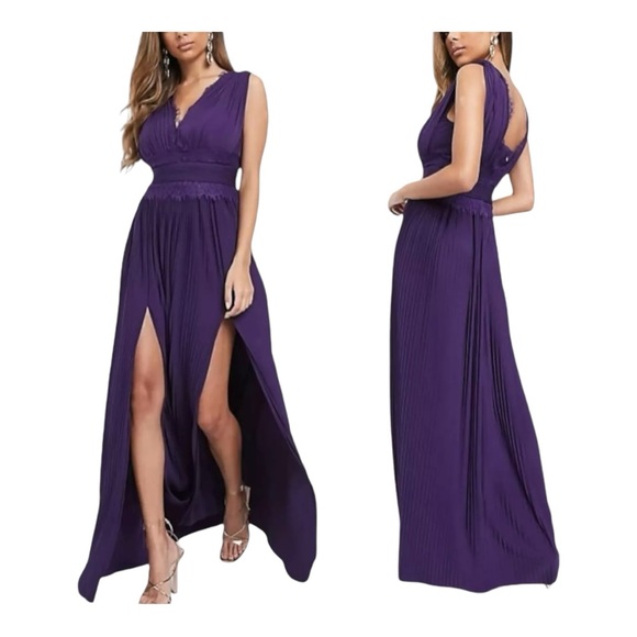 ASOS Dresses & Skirts - ASOS Special Occasion Maxi Dress Size 4 Purple Deep V Pleated Lace Wedding Sexy